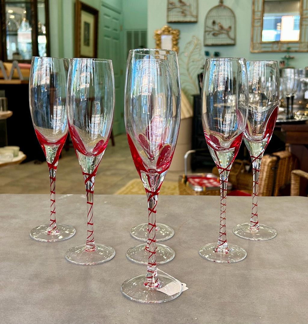 Pier One Red Swirl Line Champagne Flutes - Set of 7