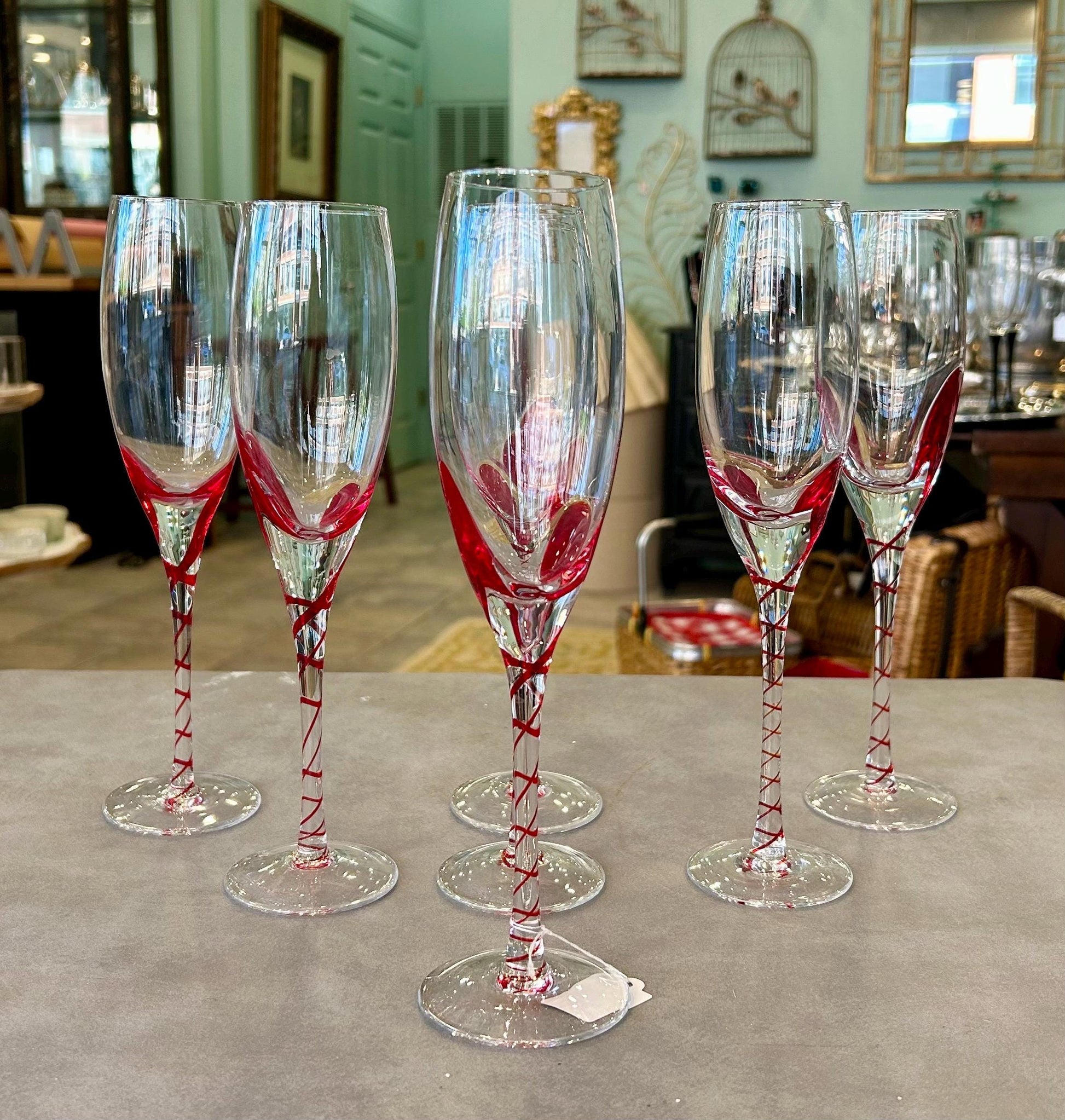 Pier One Red Swirl Line Champagne Flutes - Set of 7