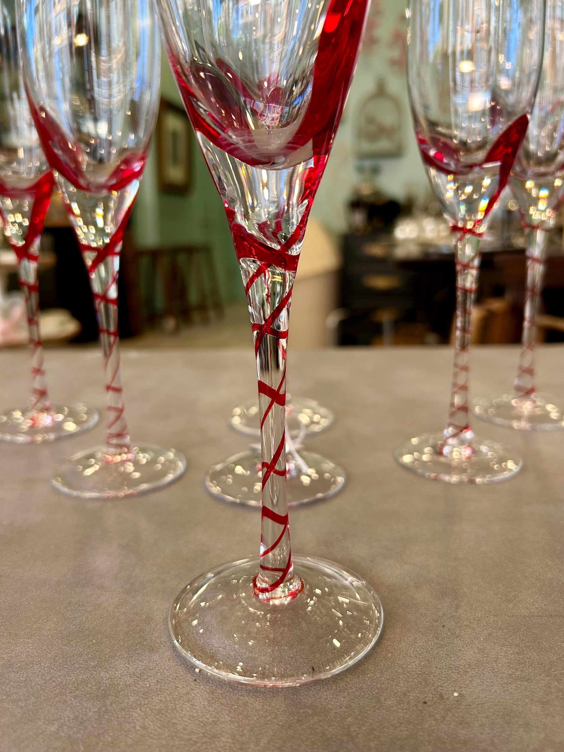 Pier One Red Swirl Line Champagne Flutes - Set of 7