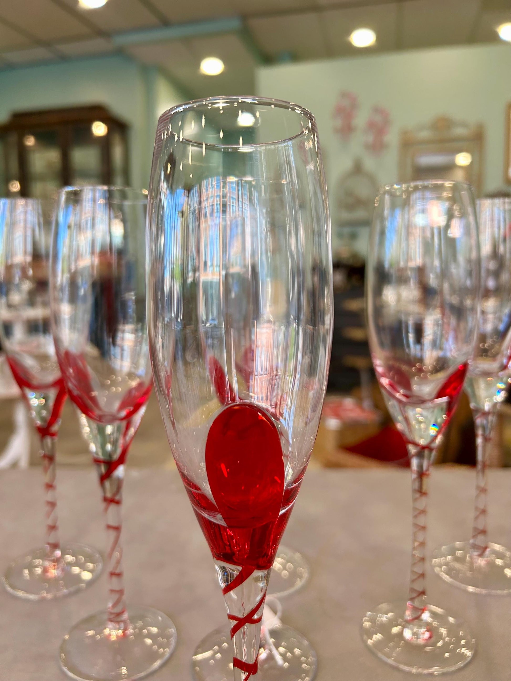 Pier One Red Swirl Line Champagne Flutes - Set of 7