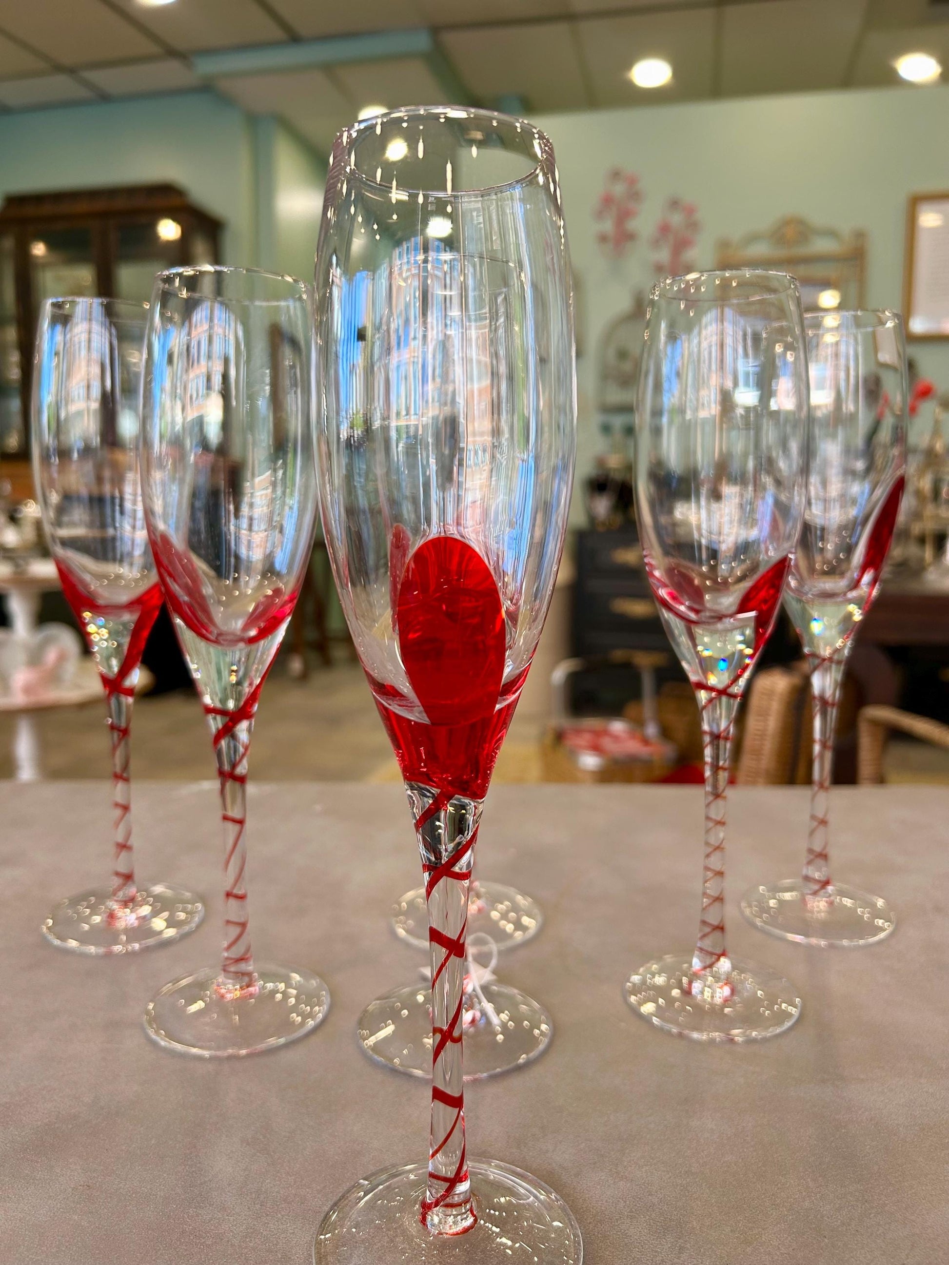 Pier One Red Swirl Line Champagne Flutes - Set of 7